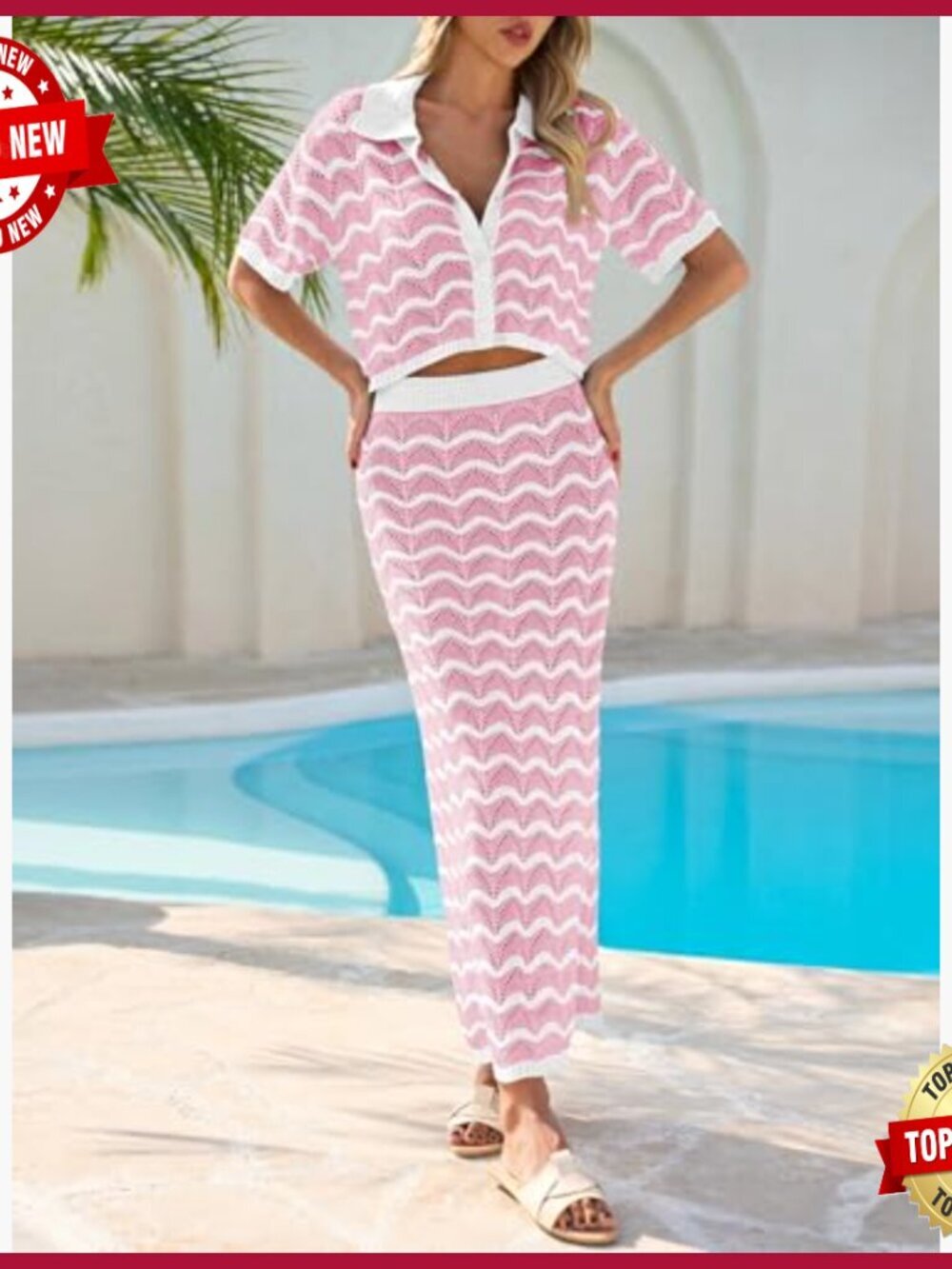 Striped Crochet Cover Up Set, Crop Top Maxi Skirt, Beachwear Outfit - Picture 3 of 7